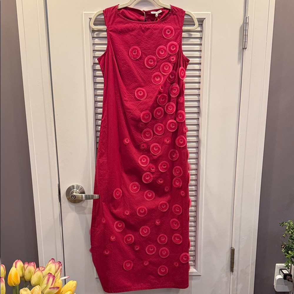 Frances Valentine Rasp/Red Sleeveless Midi Dress with Spiral Rosette Appliqués